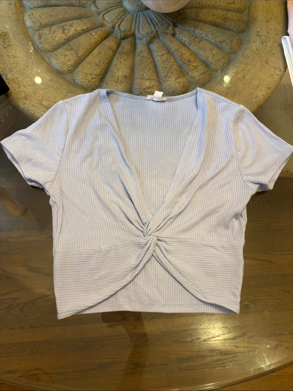 Garage Light Blue Twist-Front Ribbed Crop Top
